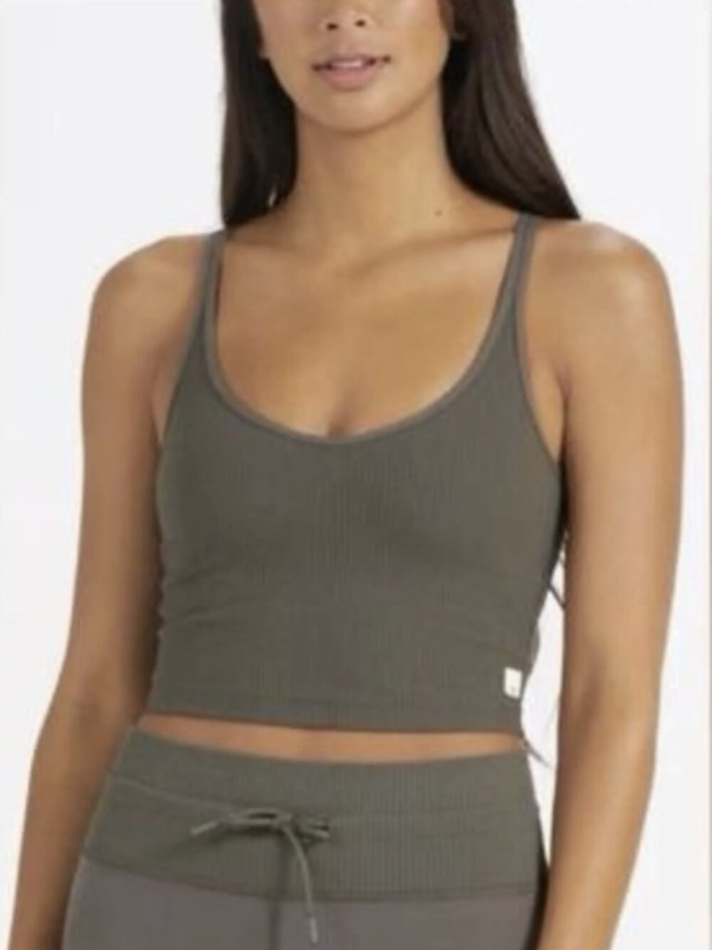 Vuori Women's Rib Crop Tank Top Oregano Green Built-in-Bra Strappy Criss Cross